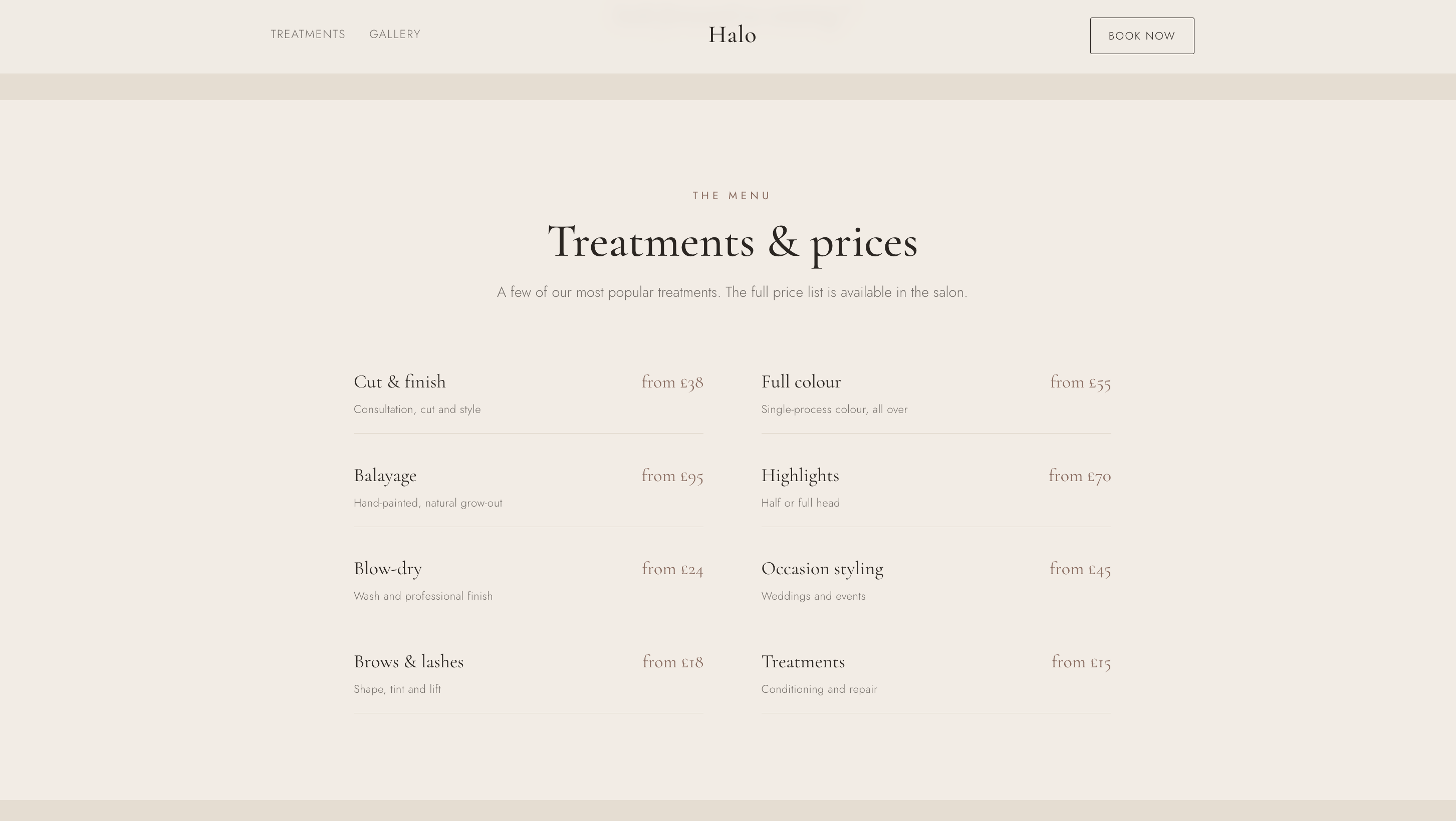 Halo Hair & Beauty price list page